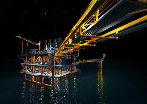 Oil rig building and structure tower on the sea,night time scene Ilustración de archivo