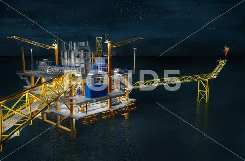Oil rig building structure tower on the sea in night time.3d rendering ...