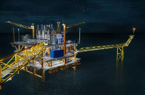 Oil rig building structure tower on the sea in night time.3d rendering. Ilustración de archivo