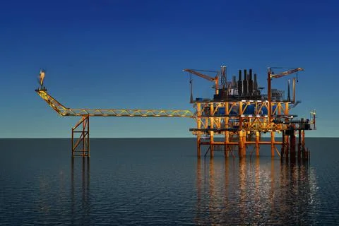 Oil rig building structure tower on the sea with evening sky background Ilustración de archivo