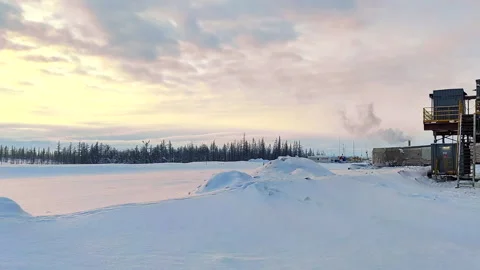 Oil rig drilling in the snow. Shift camp. Stock Footage 257330297