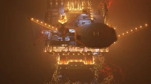 "Oil rig on an open ocean during a foggy night. Countless lights illumination. Stock Footage 97461176