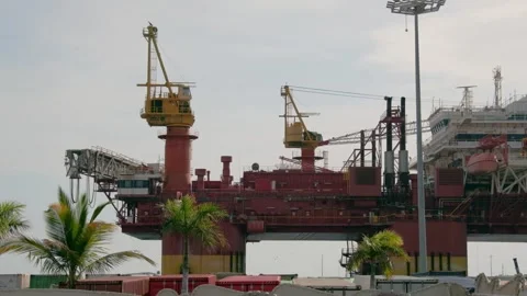 Oil rig platform with cranes docked in Tenerife port Stock Footage 319405096