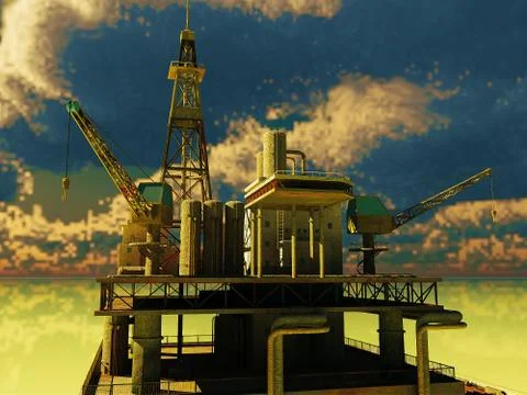 Oil rig platform at night 3d rendering 库存插图