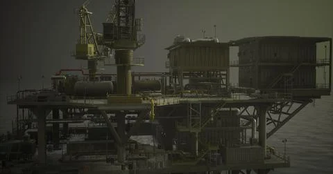 Oil rig platform operates in the ocean during overcast weather イラスト素材