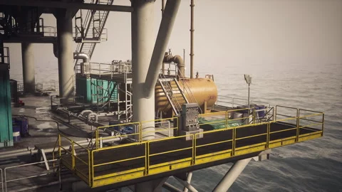 Oil rig platform with storage tank and safety railings in calm waters Stock Footage 329212421