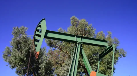 Oil rig pumping with a tree in the back during a sunny day Stock Footage 36129645