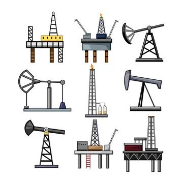 Oil rig set cartoon vector illustration Stock Illustration