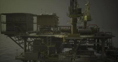 Oil rig structure at dusk over calm waters with industrial equipment Ilustração Stock