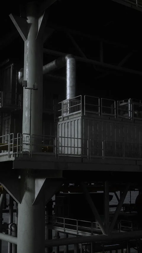 Oil rig structure illuminated at night over dark water in remote location Stock Footage 325076384