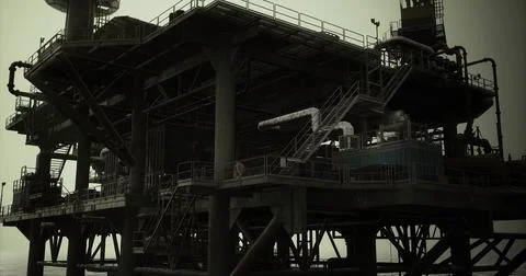 Oil rig structure at twilight highlighting industrial offshore operations Stock Illustration