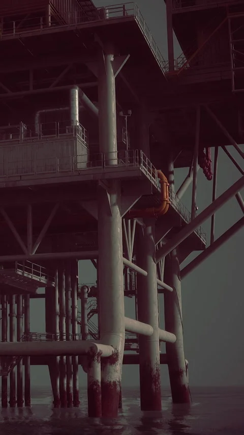 Oil rig structure in water at sunset with industrial elements visible Stock Footage 340282277