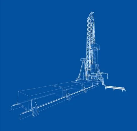 Oil rig. Vector rendering of 3d. Wire-frame style Stock Illustration