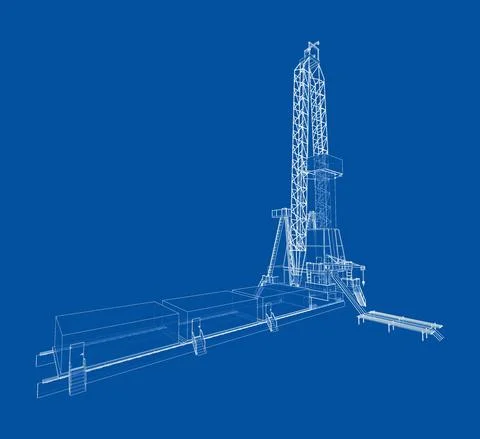 Oil rig. Vector rendering of 3d. Wire-frame style Stock Illustration