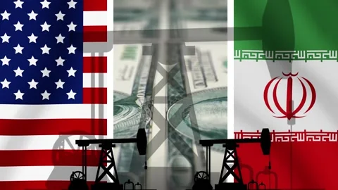 Oil rigs, dollars, the flags of the USA and Iran. 4K Видео 343642280