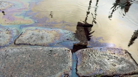 Oil slick and building reflections in a rainy street puddle Stock Footage 343126989