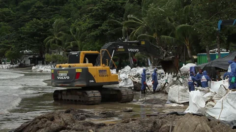 OIL SPILL DISASTER BACK HOE HYDRAULIC EXCAVATOR Stock Footage 27691535