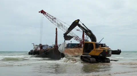 OIL SPILL DISASTER BARGE CRANE BACK HOE HYDRAULIC EXCAVATOR Stock Footage 27730192