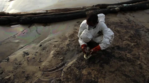 OIL SPILL DISASTER WORKERS CLEAN TROPICAL BEACH Stock Footage 27589745
