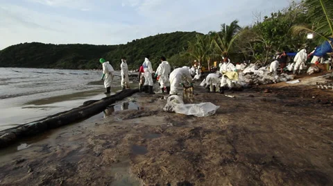 OIL SPILL DISASTER WORKERS CLEAN TROPICAL BEACH Stock Footage 27599258