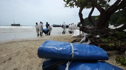 OIL SPILL DISASTER WORKERS CLEAN TROPICAL BEACH Stock Footage 27627554