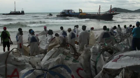OIL SPILL DISASTER WORKERS CLEAN TROPICAL BEACH Stock Footage 27641539