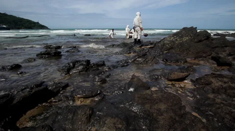 OIL SPILL DISASTER WORKERS CLEAN TROPICAL BEACH Stock Footage 27646368