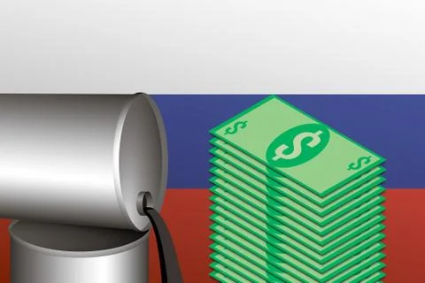 Oil spills from the barrel, a stack of bills of dollars against the backgroun Illustrazione stock