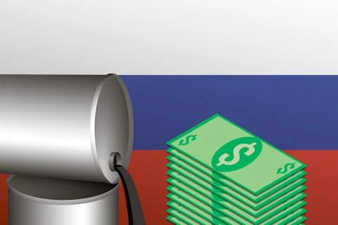 Oil spills from the barrel, a stack of bills of dollars against the backgroun 스톡 일러스트