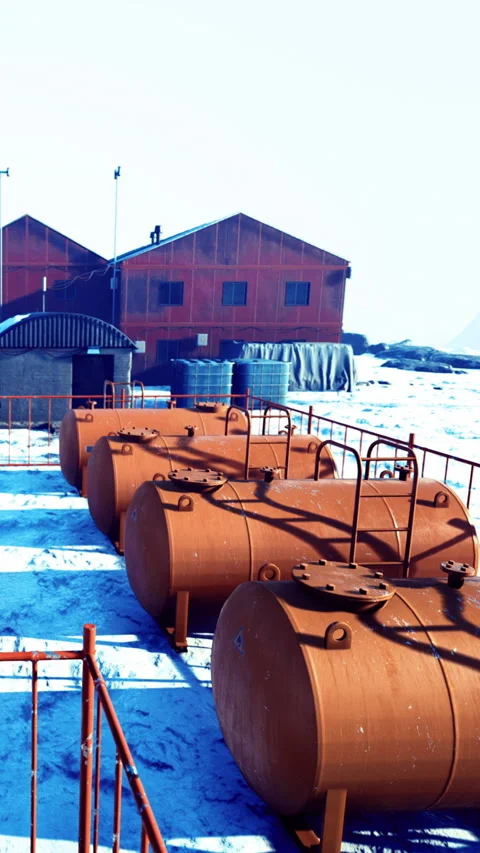 Oil storage tanks in a cold environment with buildings in background Stock Footage 336009757