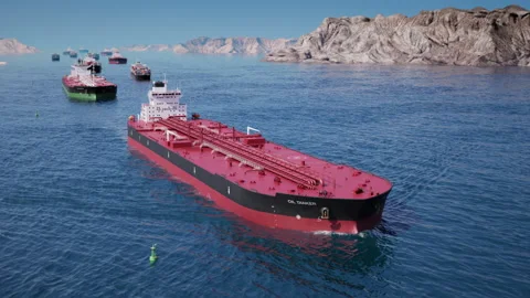 Oil tanker convoy navigating through narrow coastal strait Stock Footage 339230848