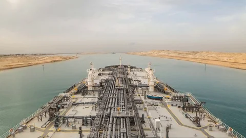 Oil tanker is proceeding through Suez Canal. Stock Footage 77369534