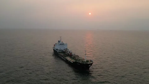 Oil tanker with sunset background Stock Footage 285132314