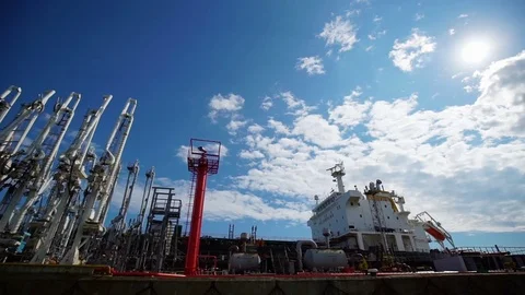 Oil Terminal for the Storage and Pumping of Oil in the Sea Port Stock Footage 69914248