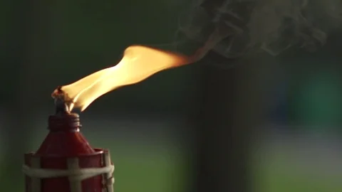 Oil Torch Flame Burning In Park In Slow Motion (Light Festival) Stock Footage