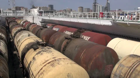 Oil trains on cargo vessel, Baku, Azerbaijan Stock Footage