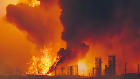 Oil wells set on fire by forces during Military Operation darken the sky with Stock Footage 252980908