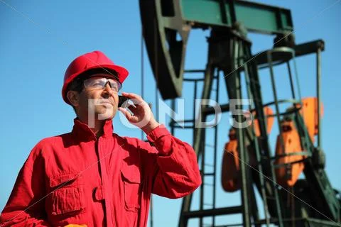 Oil Worker Using Cell Phone Next to Pumpjack Stock Photos
