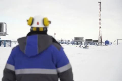 Oil worker view from back looking at gas oil equipment station Stock Photos