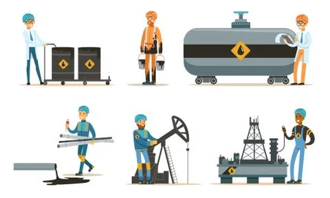 Oil workers in a bathrobe and uniform. Set of vector illustrations. Stock Illustration