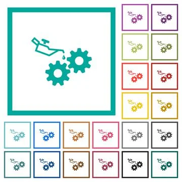 Oiler can and gears flat color icons with quadrant frames Stock Illustration