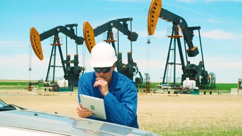 Oilfield worker using a tablet computer on location at oil field with pumpjacks Vidéo 163162455