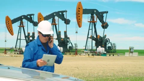 Oilfield worker using a tablet computer on location at oil field with pumpjacks Vidéo 163162456