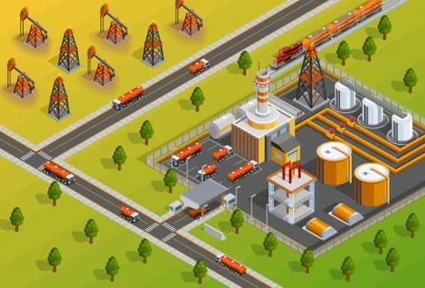 Oill Industry Refinery Facility Isometric Poster イラスト素材