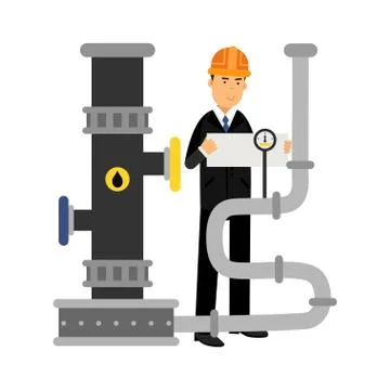 Oilman engineer character controlling gauges on an oil pipeline, oil industry Illustrazione stock