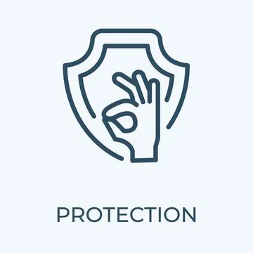 Ok gesture with shield protection editable stroke thin vector line icon. Stock Illustration