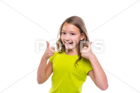Ok gesture thumb up gunny happy kid girl on white Stock Photos