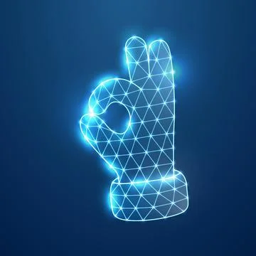 OK hand gesture in digital glowing polygon mesh. Futuristic neon design of Stock Illustration
