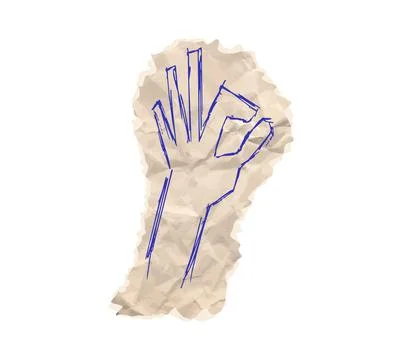 Ok hand sign scribble drawing on crumpled craft cardboard torn piece for like Stock Illustration