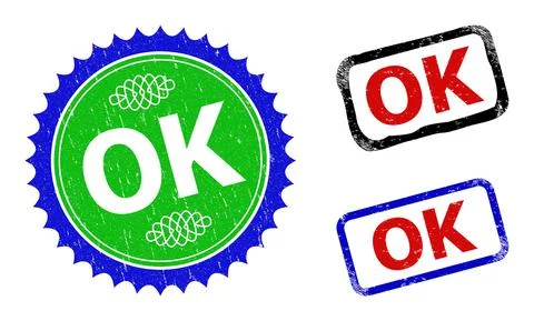 OK Rosette and Rectangle Bicolor Watermarks with Grunge Surfaces Stock Illustration